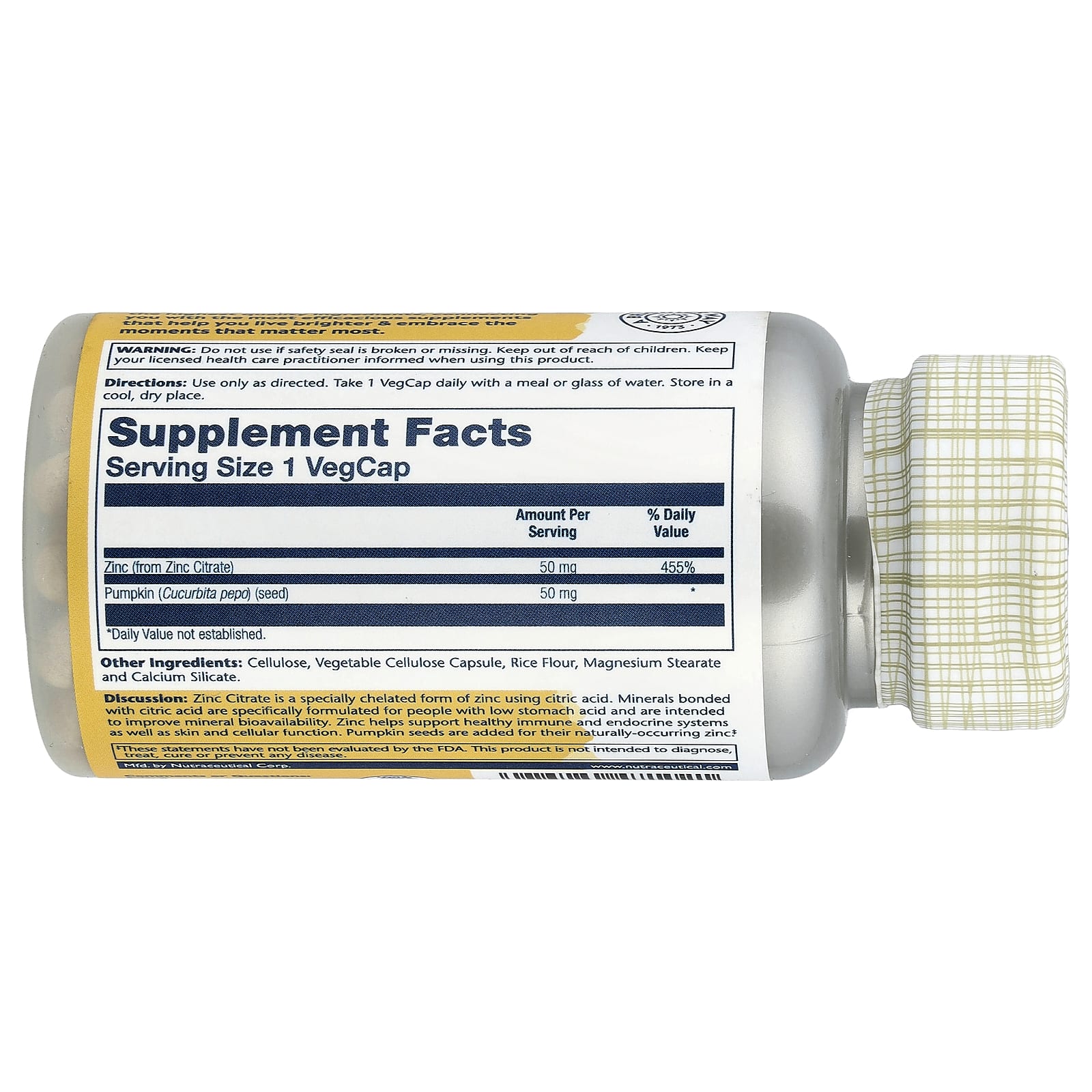 Solaray, Zinc Citrate with Pumpkin Seed, 60 VegCaps - Image 2