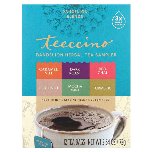 Teeccino, Dandelion Herbal Tea Sampler, 6 Flavors, Caffeine Free, 12 Tea Bags, 2.54 oz (72 g) - Image 1