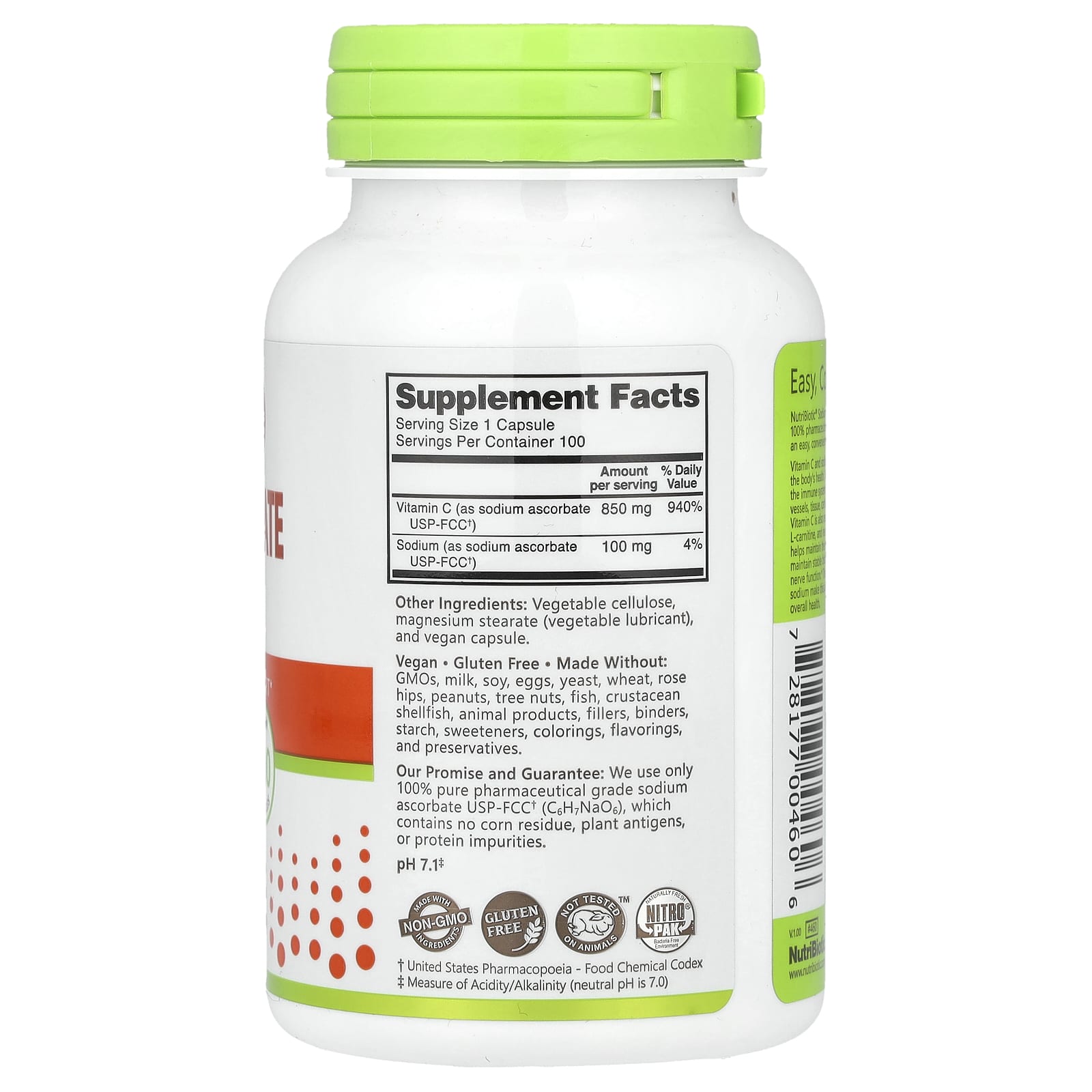 NutriBiotic, Immunity, Sodium Ascorbate, 100 Vegan Capsules - Image 2