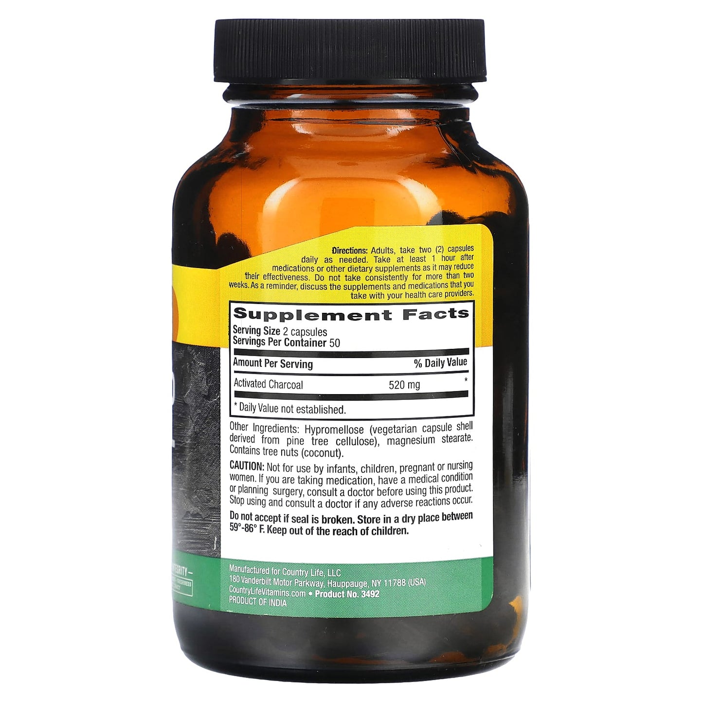 Activated Charcoal Digestive Aid Capsules by Country Life - 260mg, 100 Vegan Capsules - Image 2