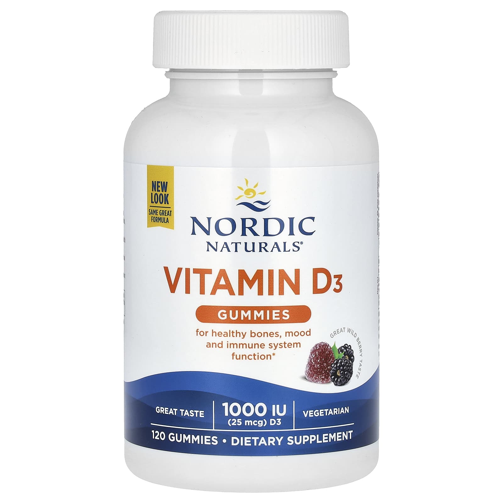 Nordic Naturals, Vitamin D3 Gummies, Great Wild Berry, 25 mcg (1,000 IU), 120 Gummies - Image 1