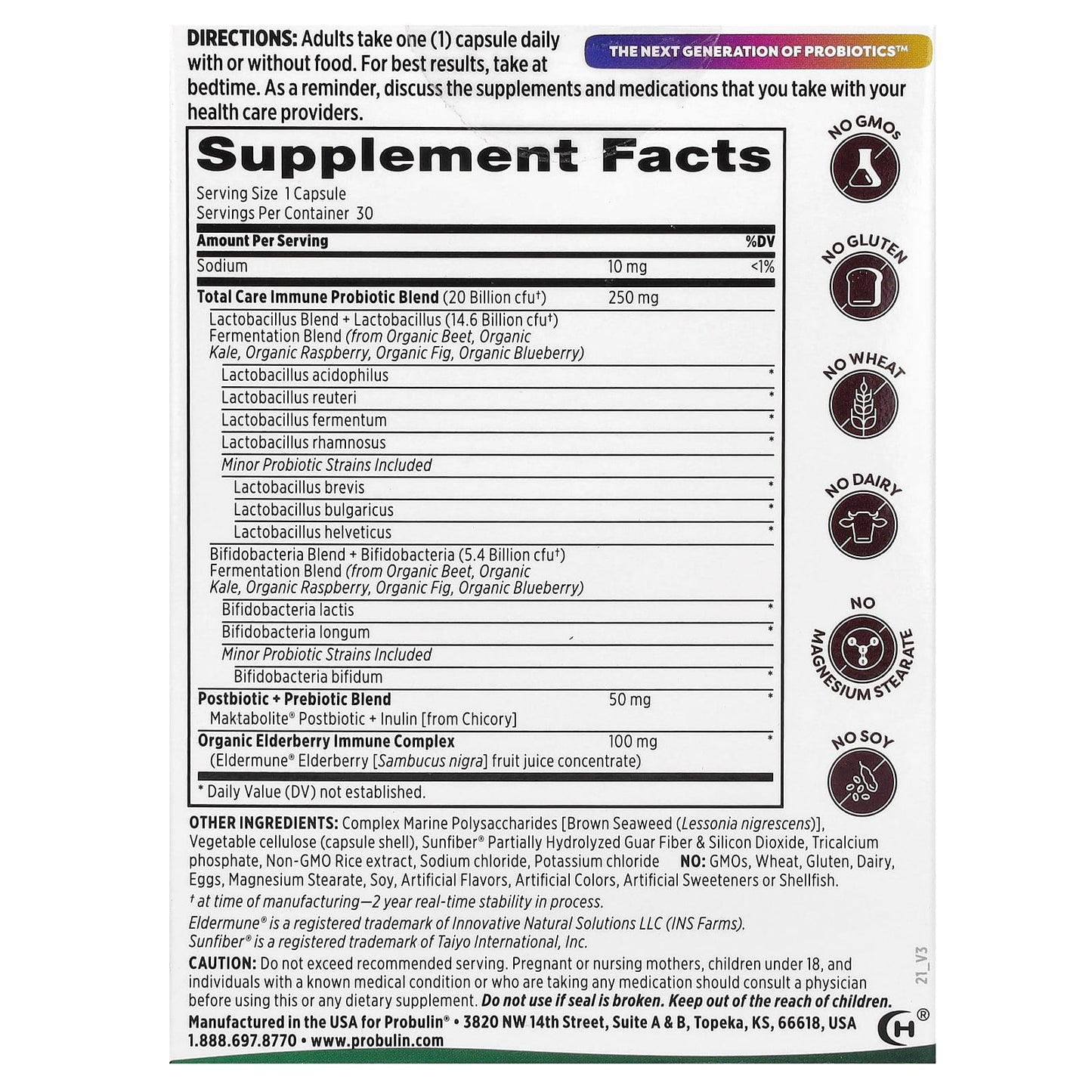 Probulin, Total Care Immune Probiotic + Prebiotic & Postbiotic with Real Elderberry, 20 Billion CFU, 30 Capsules - Image 2