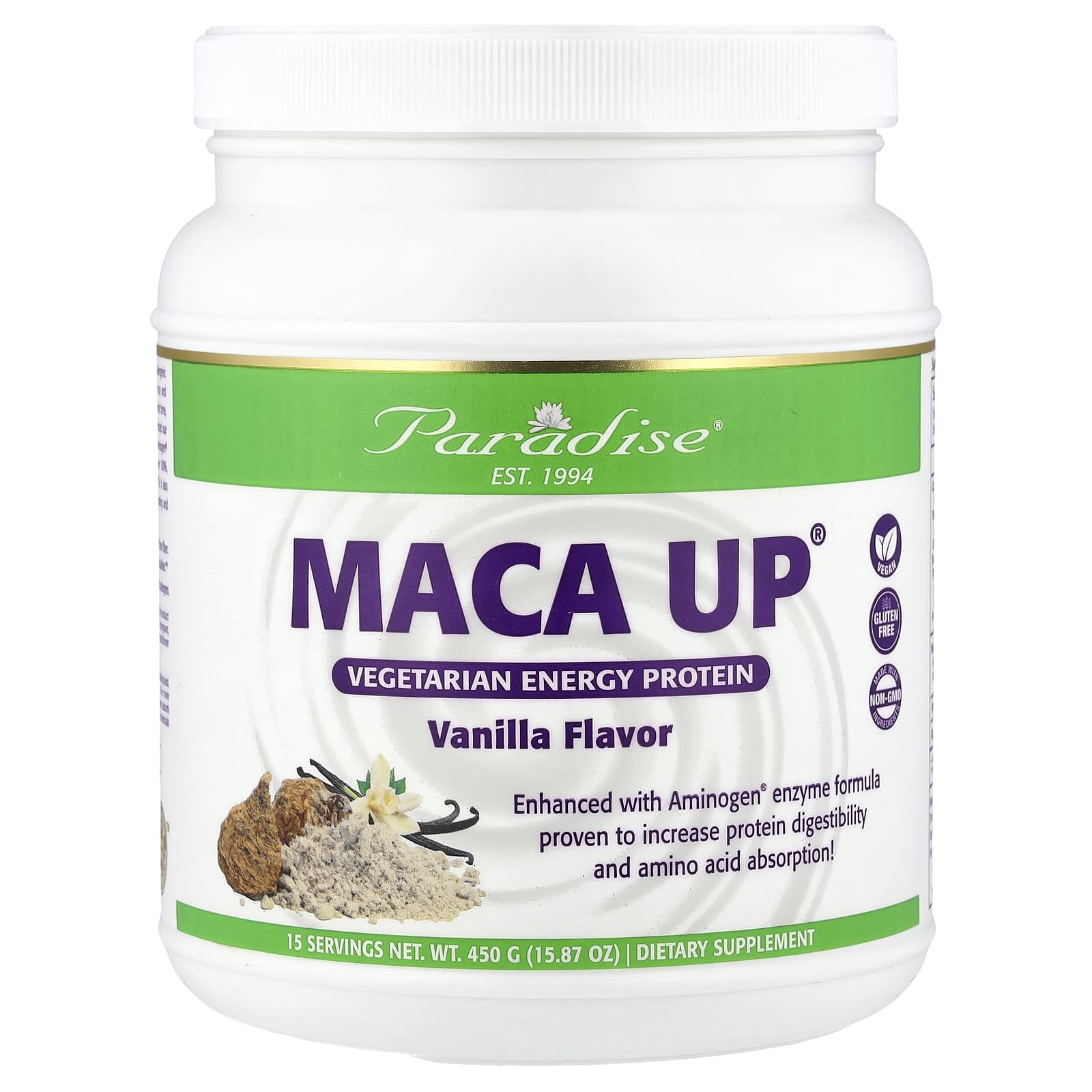 Paradise Herbs, Maca Up®, Vegetarian Energy Protein, Vanilla, 15.87 oz (450 g) - Image 1