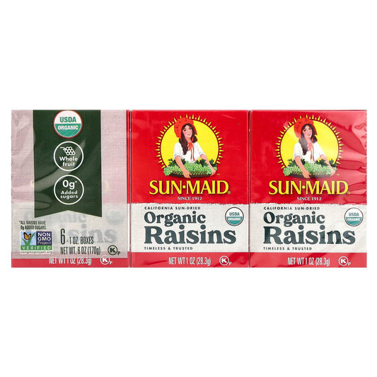 Sun-Maid, Organic California Sun-Dried Raisins, 6 Boxes, 1 oz (28.3 g) Each - Image 1