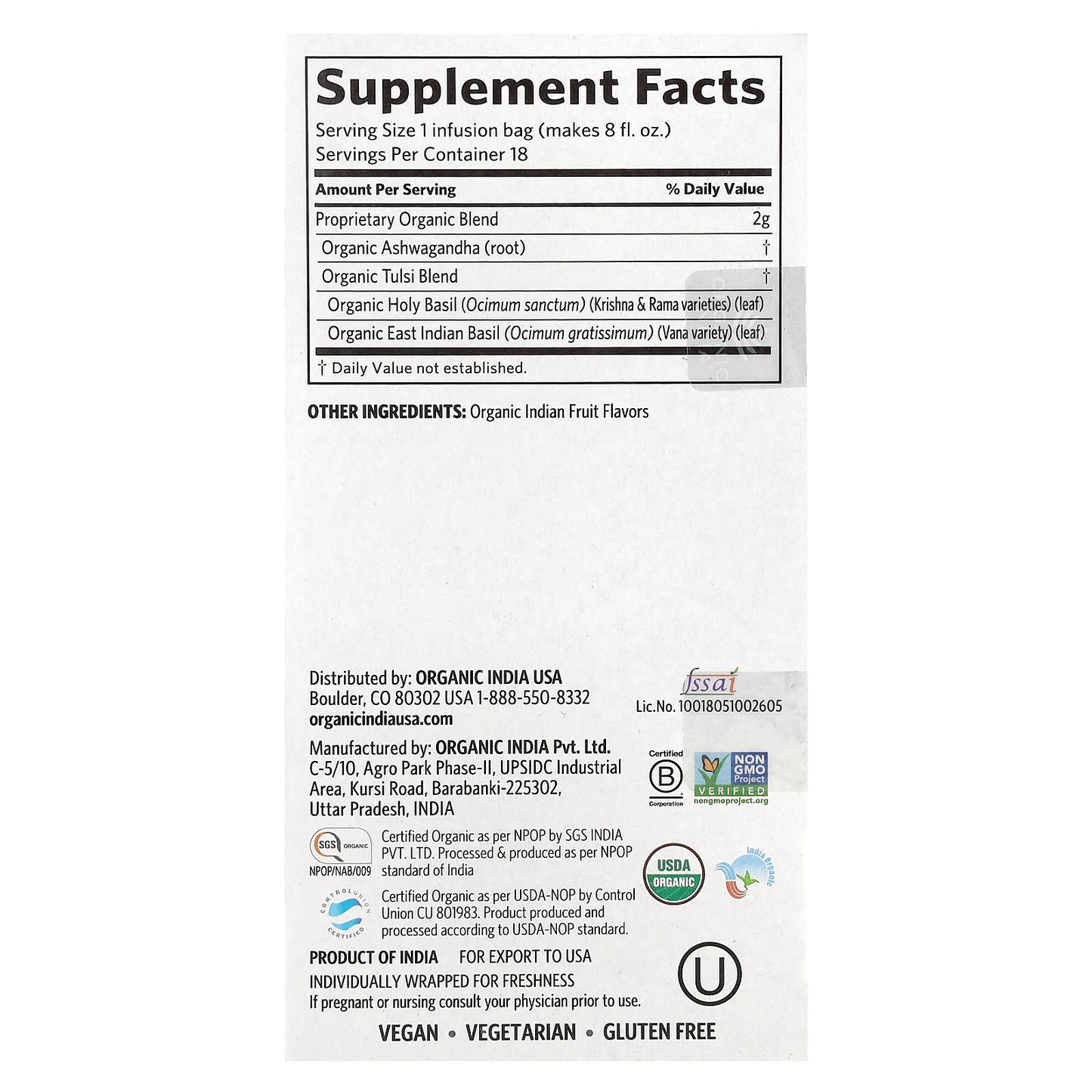 Organic India, Tulsi Tea, Ashwagandha, Caffeine Free, 18 Infusion Bags, 1.27 oz (36 g) - Image 2