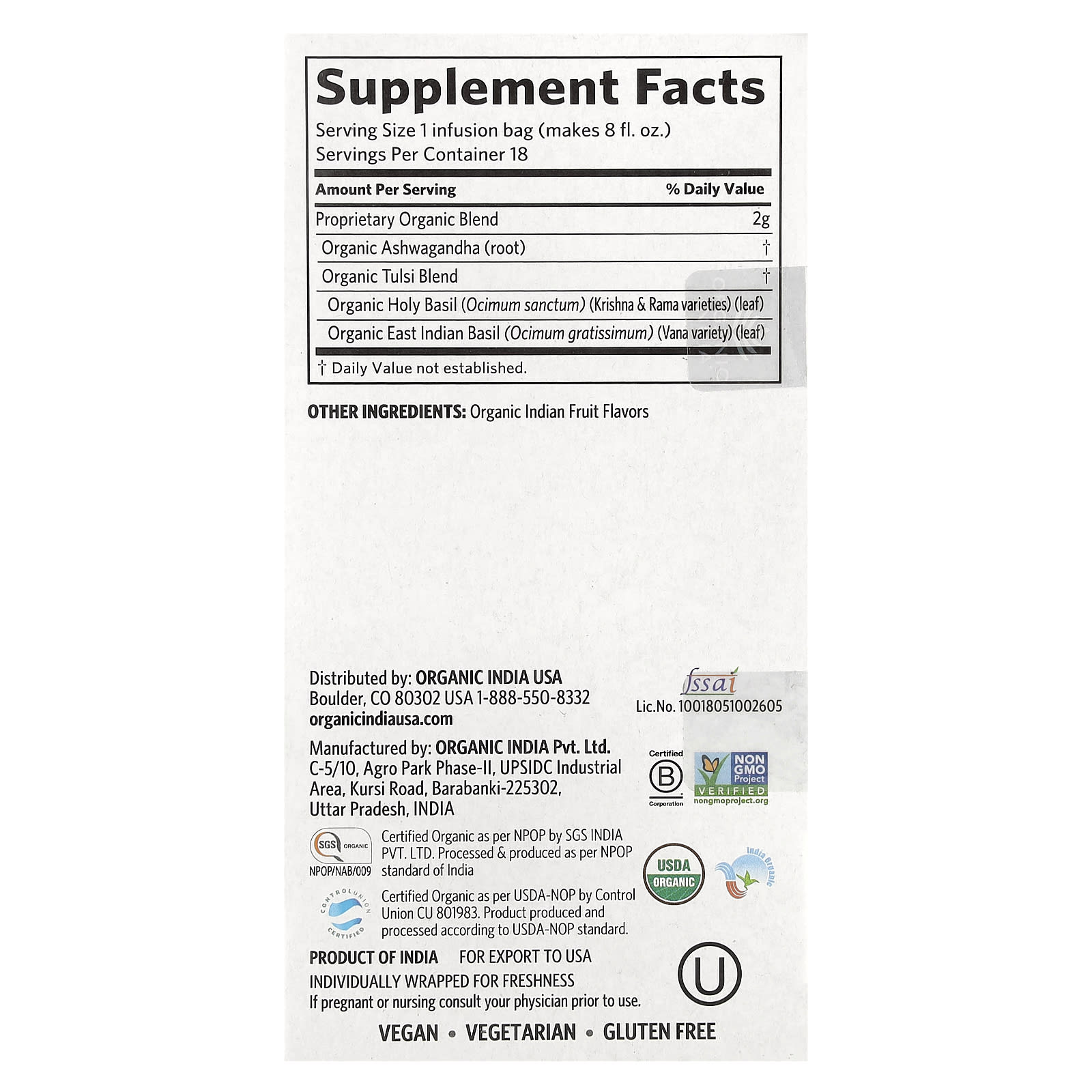 Organic India, Tulsi Tea, Ashwagandha, Caffeine Free, 18 Infusion Bags, 1.27 oz (36 g) - Image 2