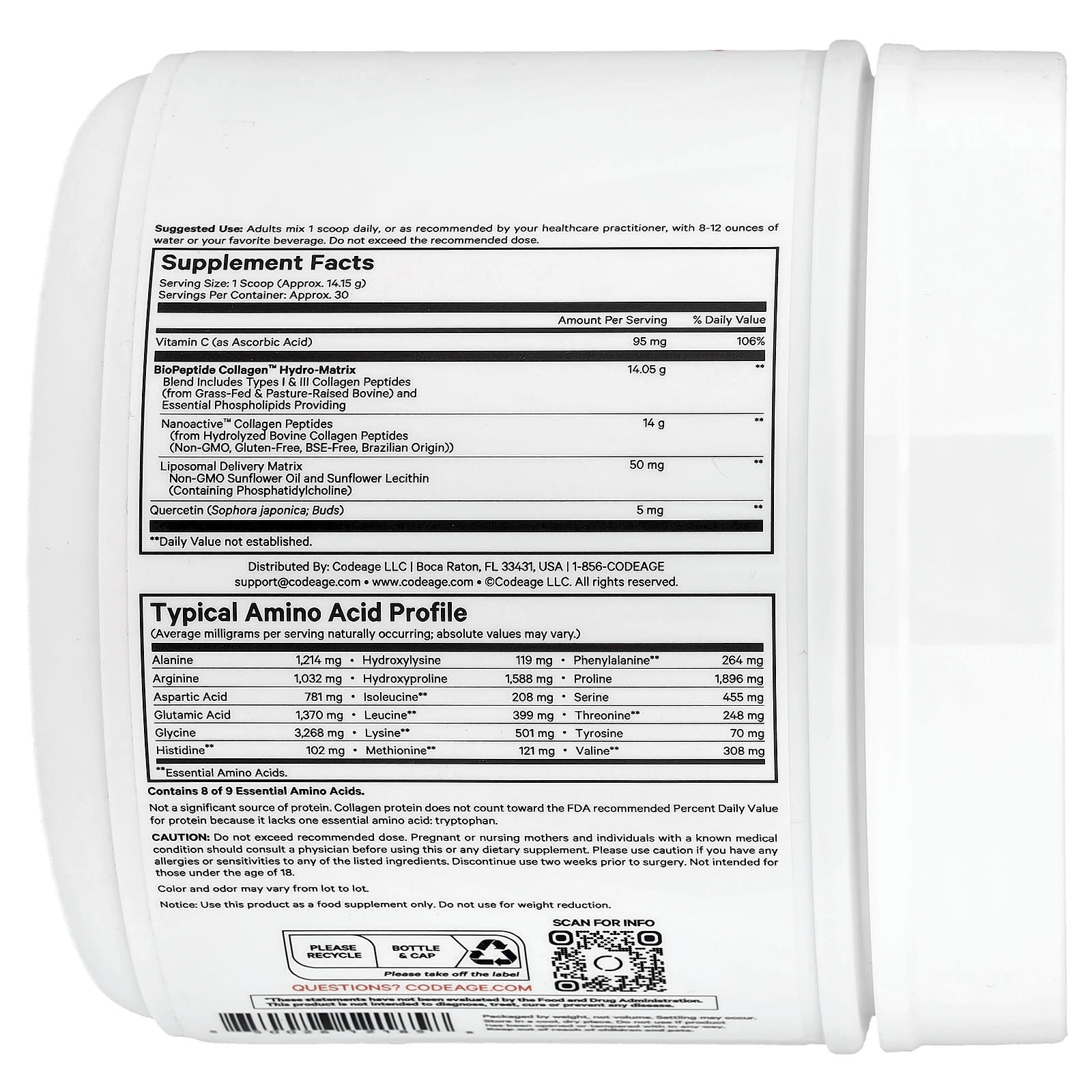 CodeAge Unflavored Liposomal Collagen Peptides+ 14.97 oz - Skin, Hair & Joint Support - Image 2