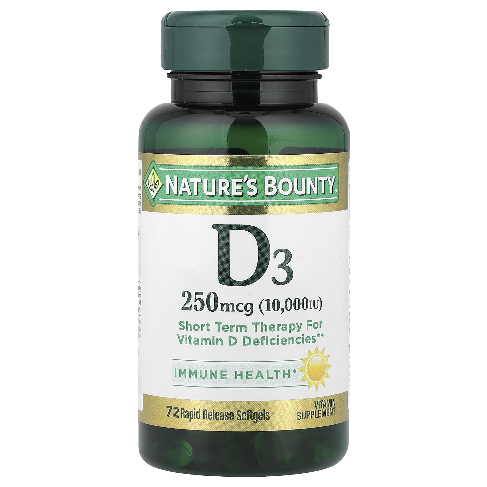 Nature's Bounty, Vitamin D3, 250 mcg (10,000 IU), 72 Rapid Release Softgels - Image 1