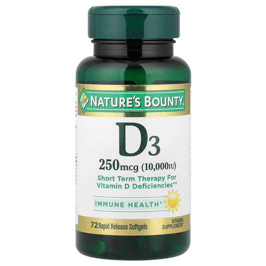 Nature's Bounty, Vitamin D3, 250 mcg (10,000 IU), 72 Rapid Release Softgels - Image 1