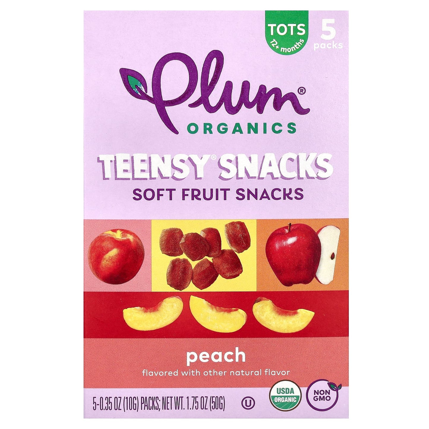 Plum Organics, Teensy Soft Fruits Snacks, 12+ Months, Peach, 5 Packs, 0.35 oz (10 g) Each - Image 1