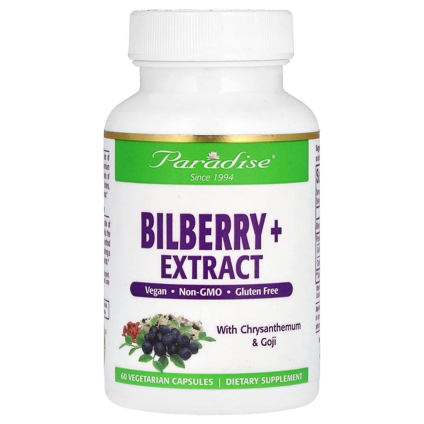 Paradise Herbs, Bilberry + Extract with Chrysanthemum & Goji, 60 Vegetarian Capsules - Image 1