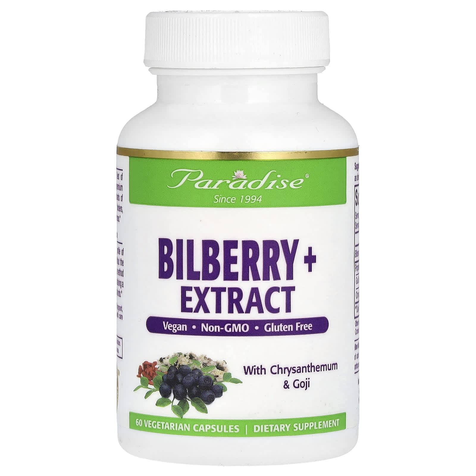 Paradise Herbs, Bilberry + Extract with Chrysanthemum & Goji, 60 Vegetarian Capsules - Image 1