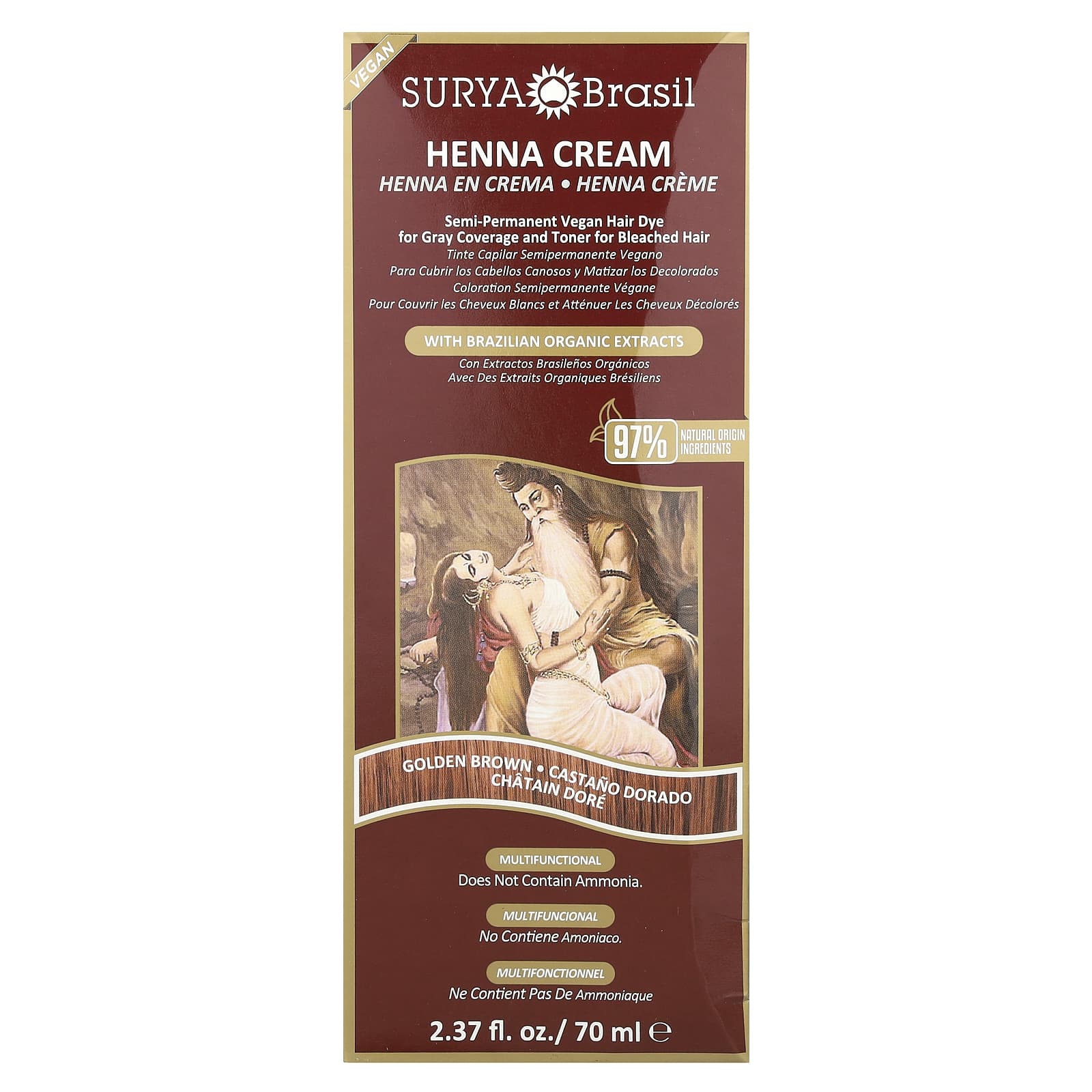 Surya Brasil, Henna Cream, Semi-Permanent Vegan Hair Dye For Gray Coverage and Toner for Bleached Hair, Golden Brown, 2.37 fl oz (70 ml) - Image 2