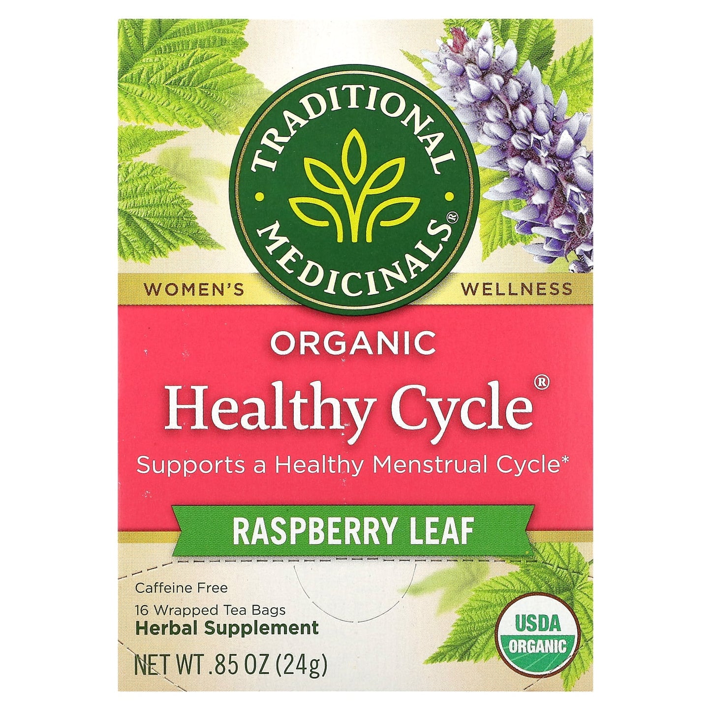 Traditional Medicinals, Organic Healthy Cycle, Raspberry Leaf, Caffeine Free, 16 Wrapped Tea Bags, 0.85 oz (24 g) - Image 1