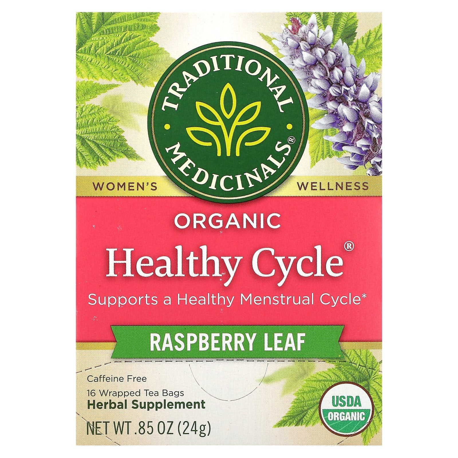 Traditional Medicinals, Organic Healthy Cycle, Raspberry Leaf, Caffeine Free, 16 Wrapped Tea Bags, 0.85 oz (24 g) - Image 1