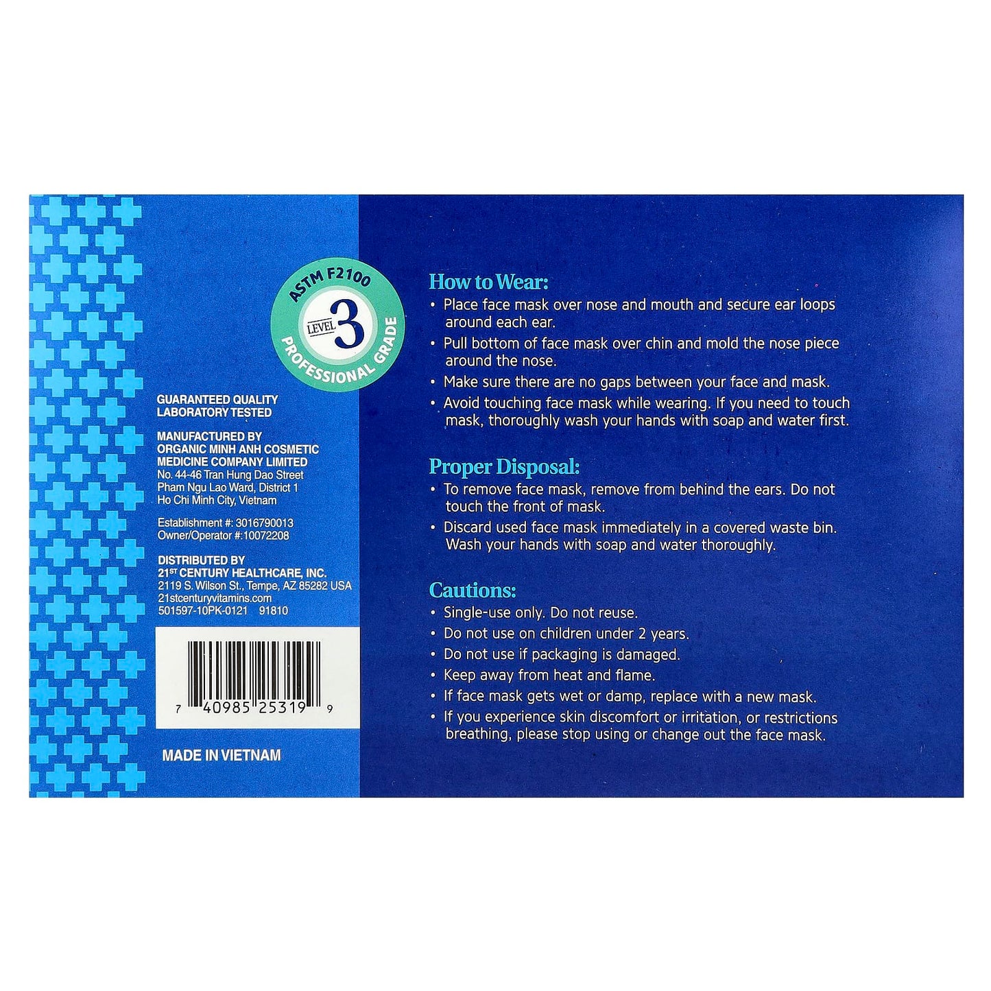 Protective Face Masks 50-Piece Pack, ASTM F2100 Certified, Single Use Disposable - Image 2
