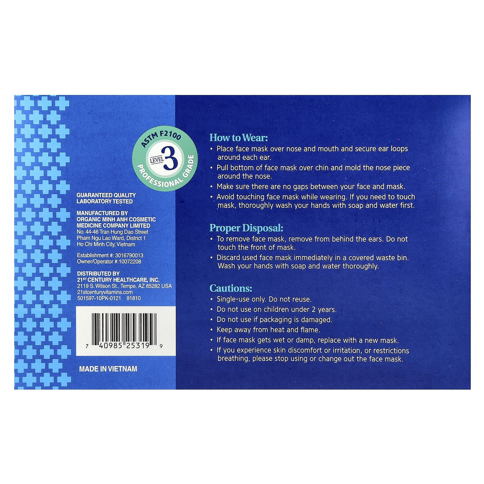 Protective Face Masks 50-Piece Pack, ASTM F2100 Certified, Single Use Disposable - Image 2