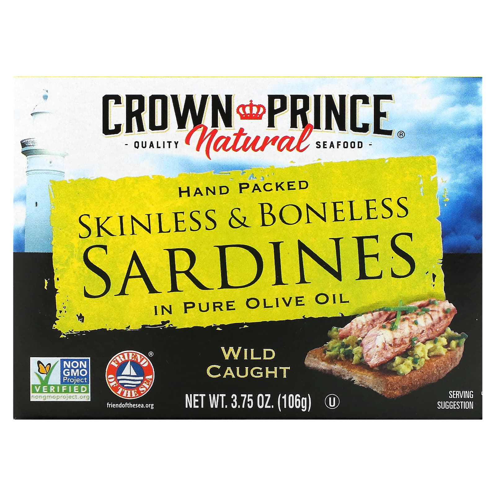 Crown Prince Natural, Skinless & Boneless Sardines, In Pure Olive Oil, 3.75 oz (106 g)