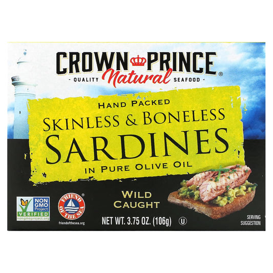 Crown Prince Natural, Skinless & Boneless Sardines, In Pure Olive Oil, 3.75 oz (106 g)