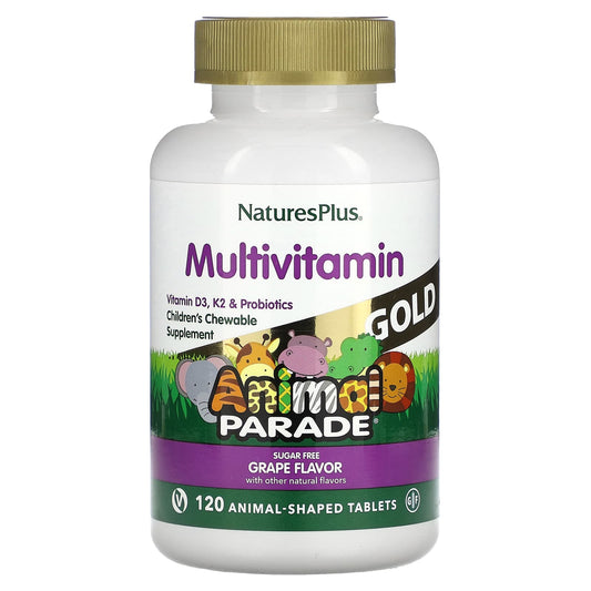 NaturesPlus, Animal Parade Gold, Children's Multivitamin Chewable Supplement, Grape, 120 Animal-Shaped Tablets - Image 1