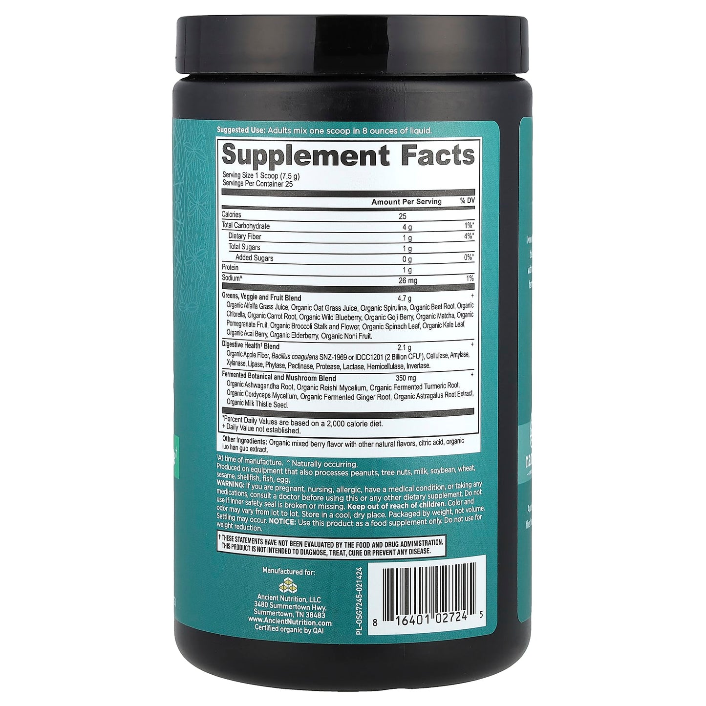 Ancient Nutrition Organic Super Greens Berry 6.7 oz - Image 2