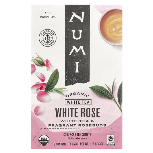 Numi Tea, Organic White Tea, White Rose, 16 Non-GMO Tea Bags, 1.13 oz (32 g) - Image 1