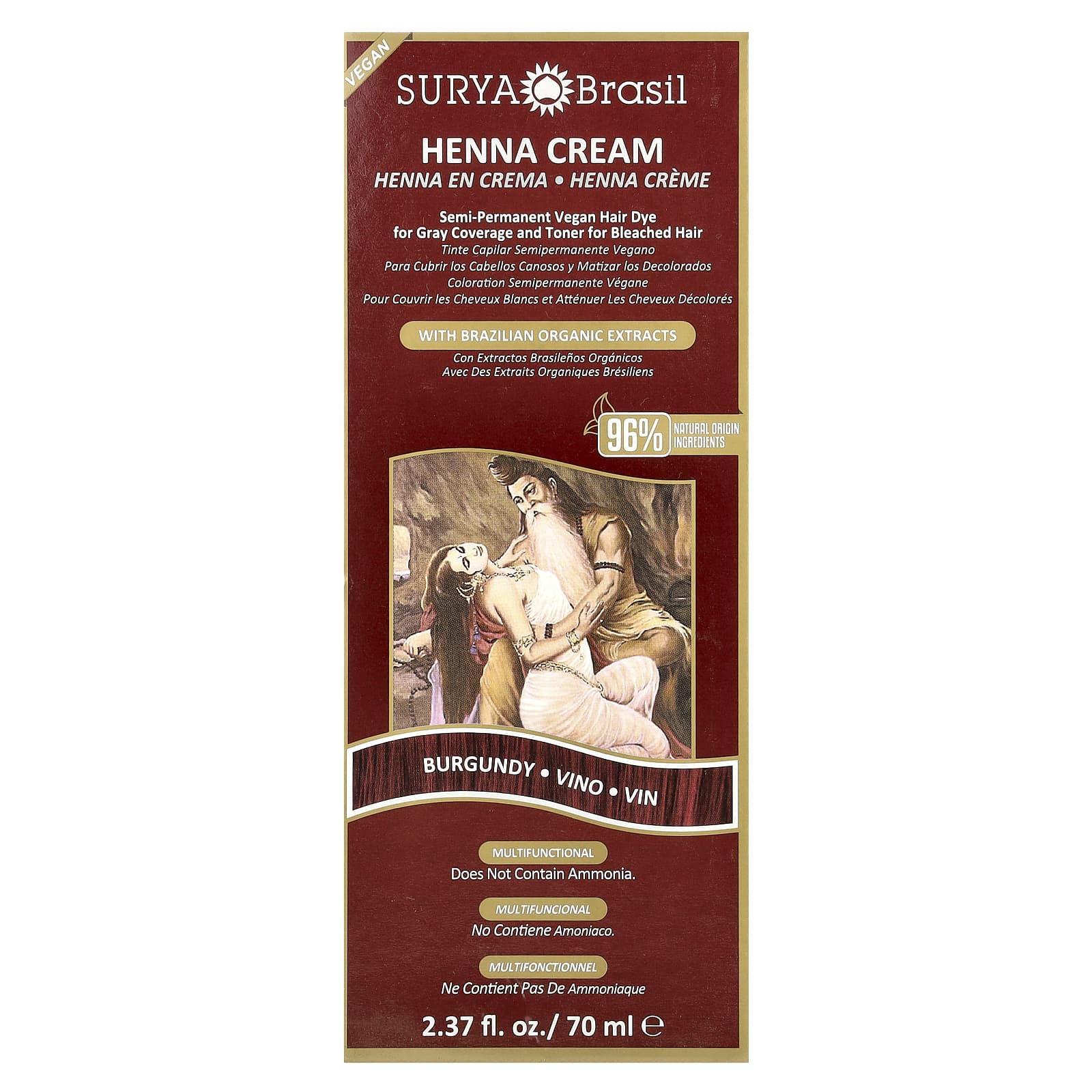 Surya Brasil, Henna Cream, Semi-Permanent Vegan Hair Dye for Gray Coverage and Toner for Bleached Hair, Burgundy, 2.37 fl oz (70 ml) - Image 2