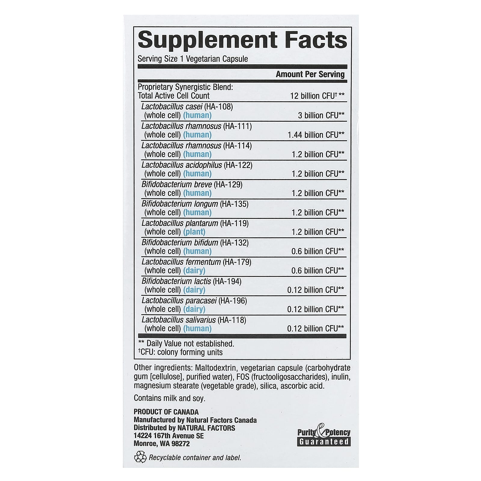 Natural Factors, Ultimate Probiotic, 12/12 Formula, 12 Billion, 60 Vegetarian Capsules - Image 2
