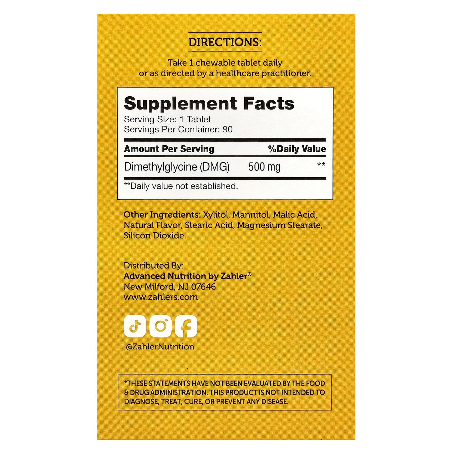 Zahler, Advanced DMG, Dimethylglycine, 500 mg, 90 Chewable Tablets - Image 2