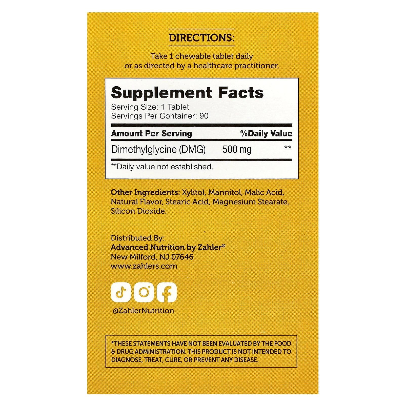 Zahler, Advanced DMG, Dimethylglycine, 500 mg, 90 Chewable Tablets - Image 2