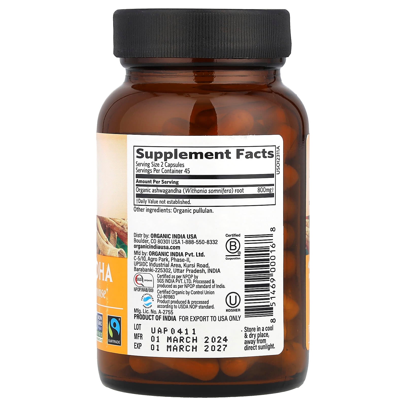 Organic India, Ashwagandha, 90 Vegetarian Caps (400 mg per Capsule) - Image 2