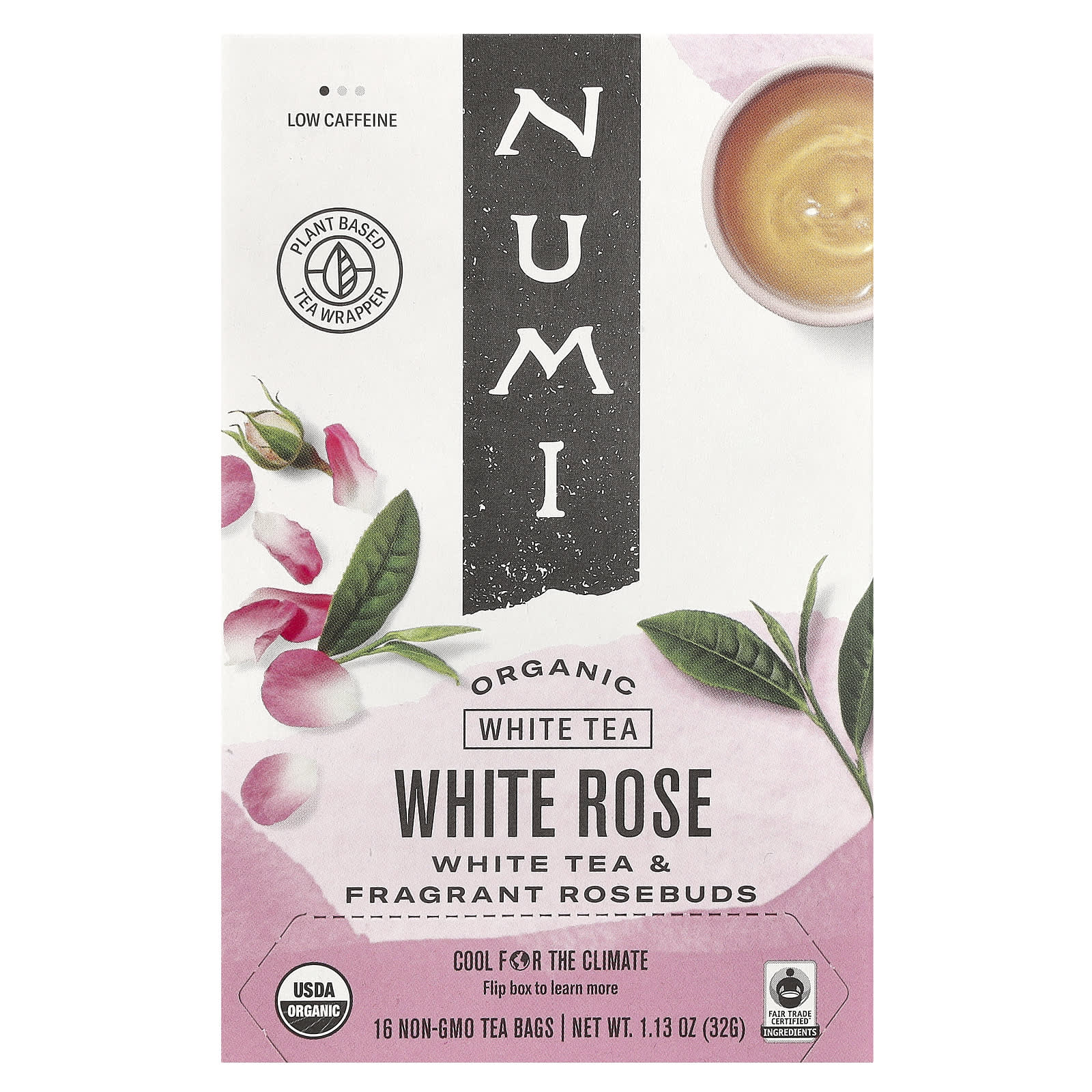 Numi Tea, Organic White Tea, White Rose, 16 Non-GMO Tea Bags, 1.13 oz (32 g) - Image 1