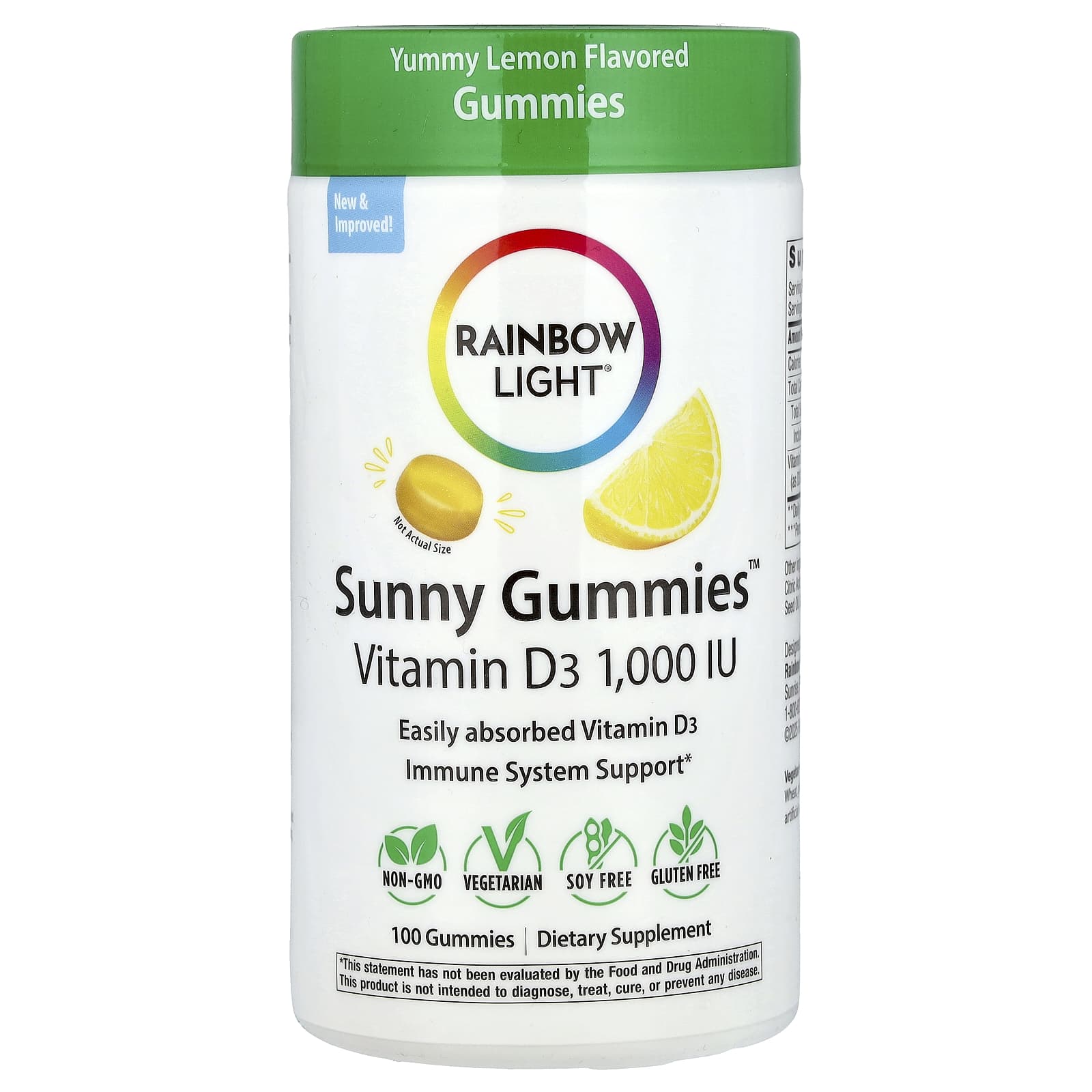 Rainbow Light, Sunny Gummies™, Vitamin D3, Yummy Lemon, 25 mcg (1,000 IU), 100 Gummies - Image 1