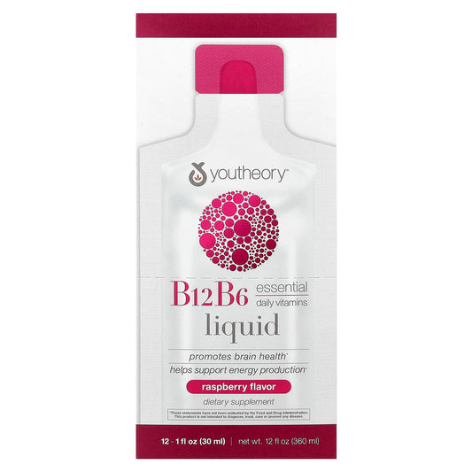 Youtheory, B12 B6 Liquid, On The Go, Raspberry, 12 Packets, 1 fl oz (30 ml) Each - Image 1
