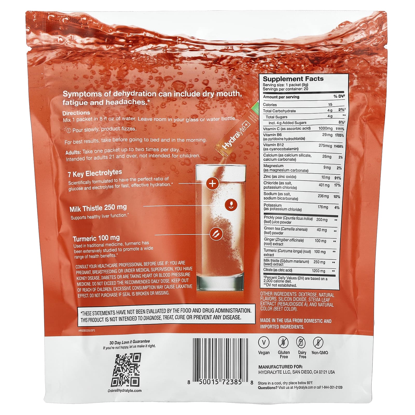 Hydralyte Plus+ Fizzy Electrolyte Powder, Blood Orange Ginger, 20 Packets - Image 2