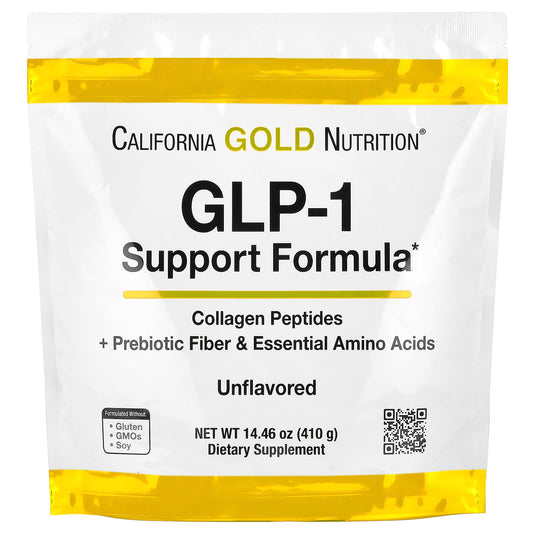 California Gold Nutrition, GLP-1 Support Formula with Hydrolyzed Marine Collagen Peptides, Prebiotic Digestive Resistant Fiber Blend and Leucine Enriched Essential Amino Acids Blend, Unflavored, 14.46 oz (410 g)