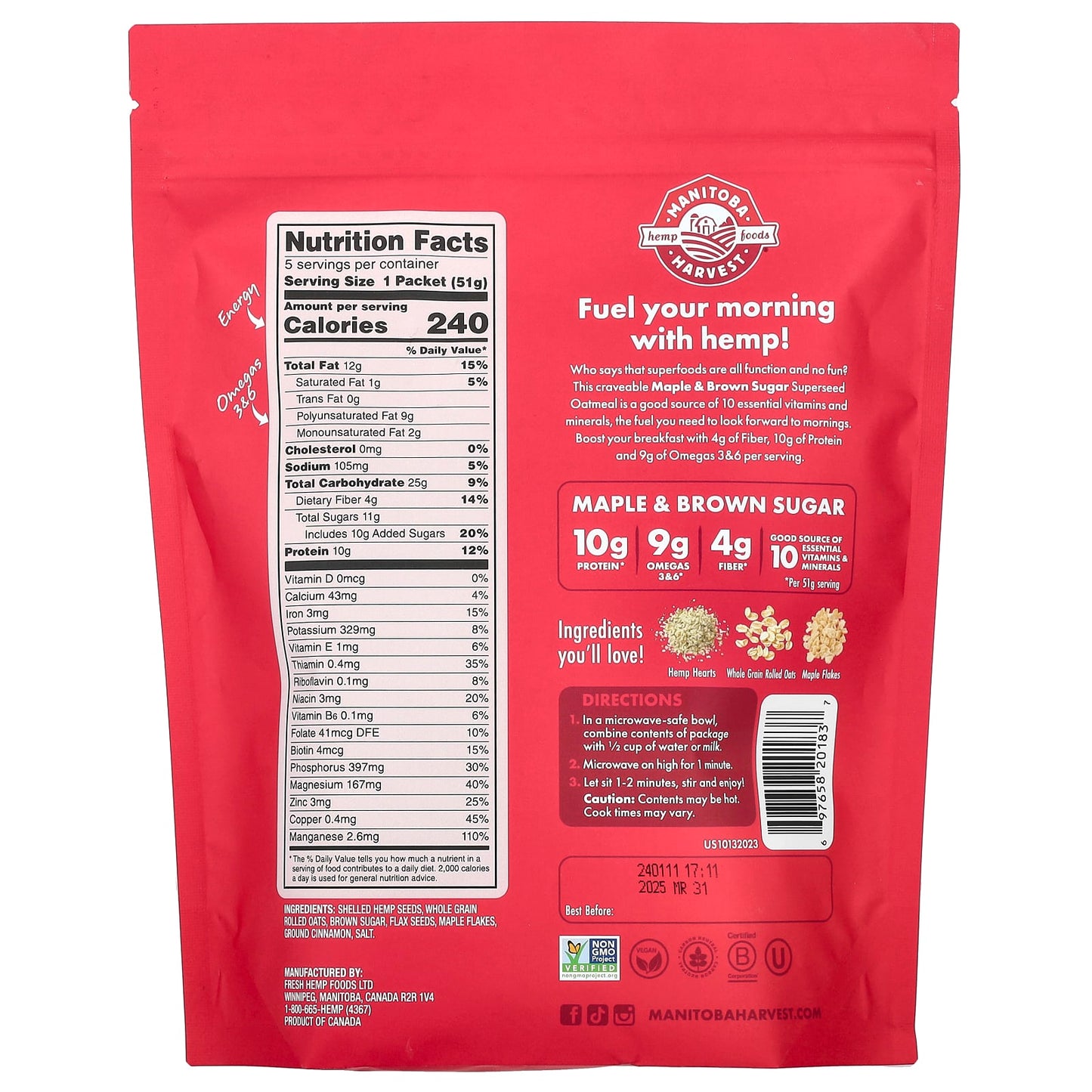 Manitoba Harvest, Instant Superseed Oatmeal, Maple & Brown Sugar, 5 Packets, 1.8 oz (51 g) Each - Image 2