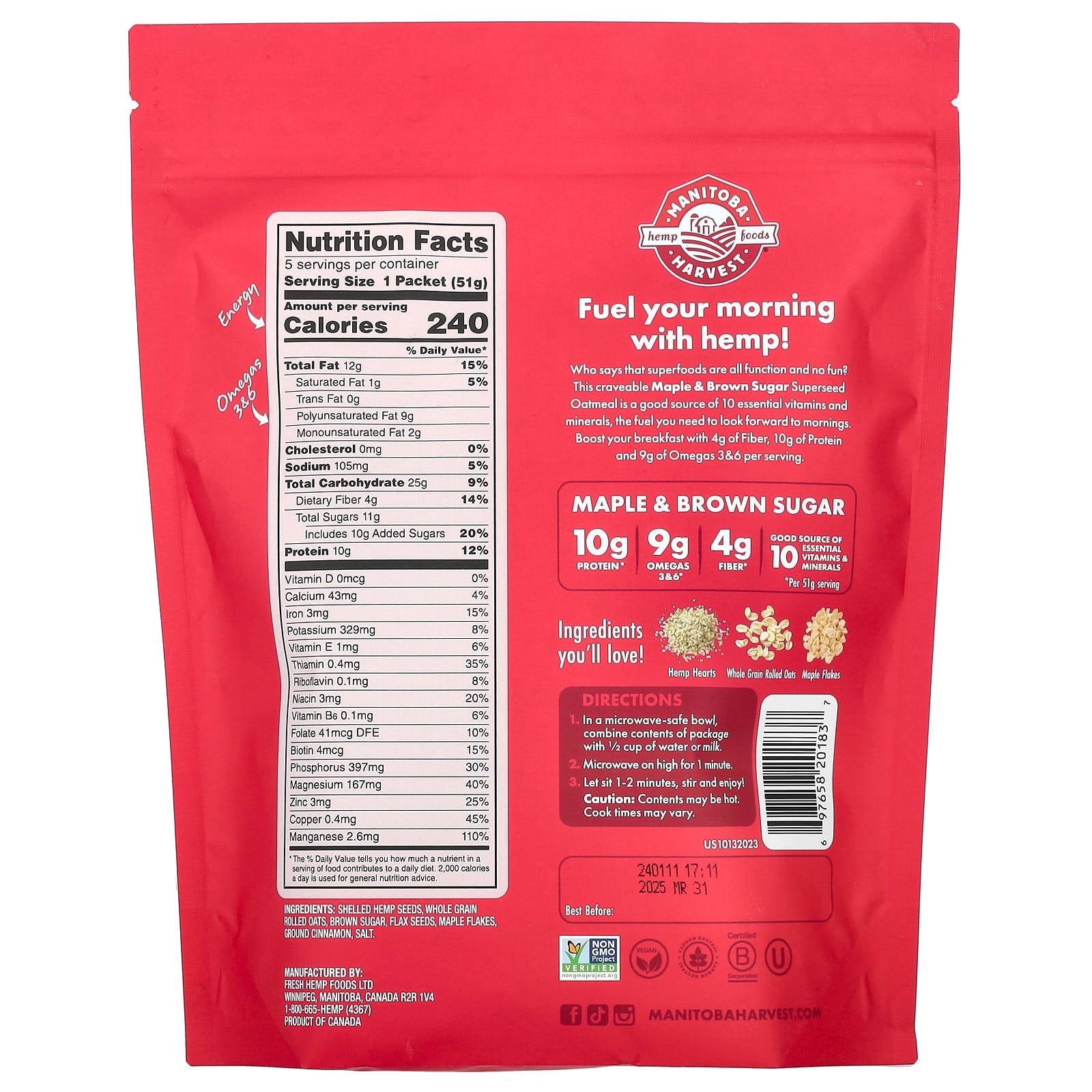 Manitoba Harvest, Instant Superseed Oatmeal, Maple & Brown Sugar, 5 Packets, 1.8 oz (51 g) Each - Image 2