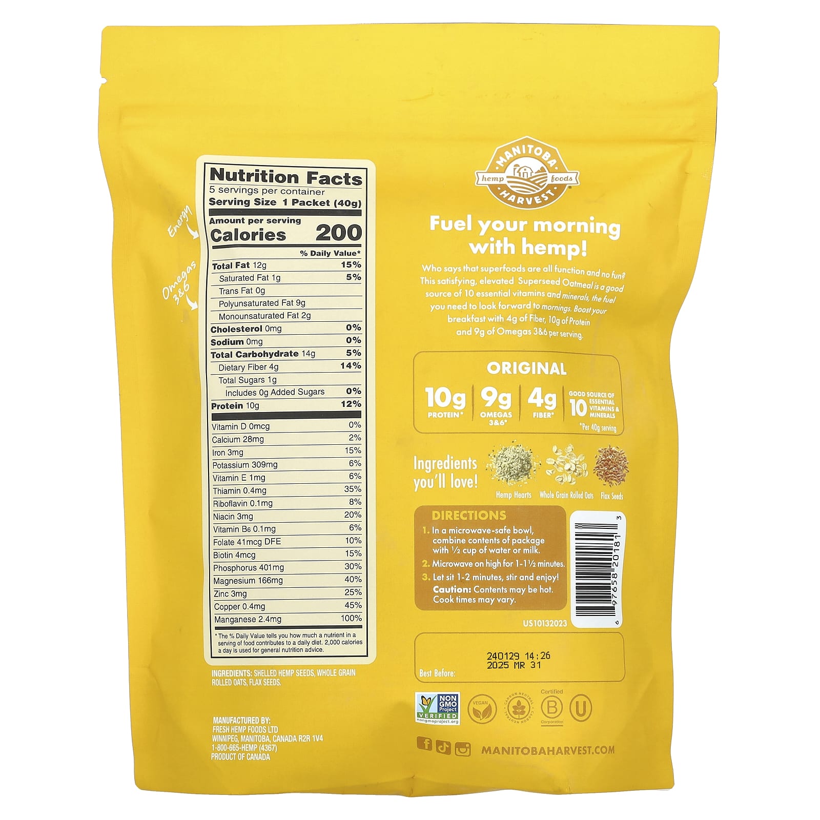 Manitoba Harvest, Instant Superseed Oatmeal, Original, 5 Packets, 1.41 oz (40 g) Each - Image 2