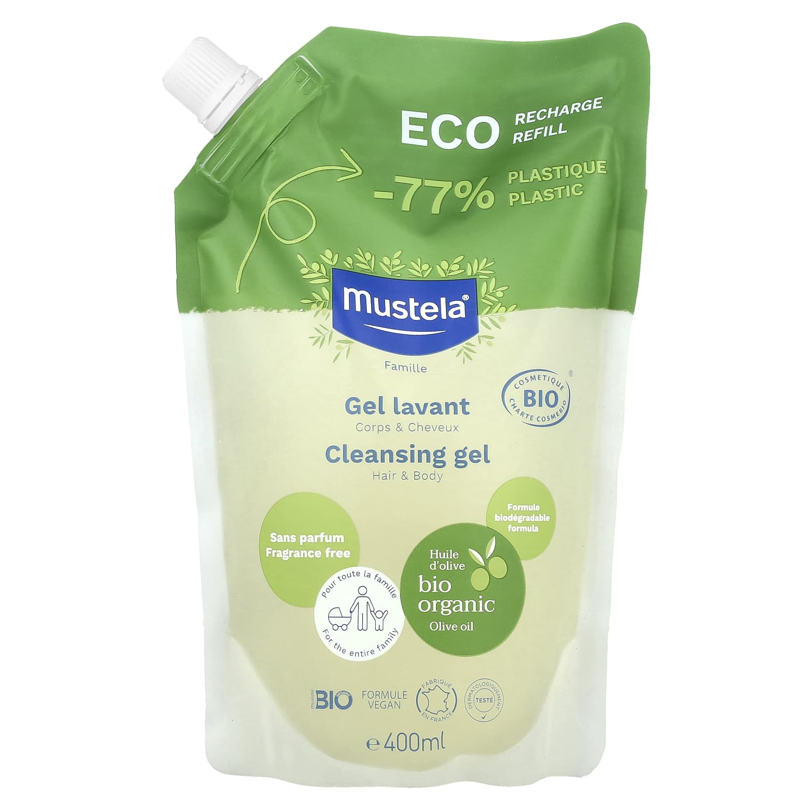 Mustela, Eco Recharge Refill, Family, Cleansing Gel, Hair & Body, Fragrance Free, 400 ml - Image 1