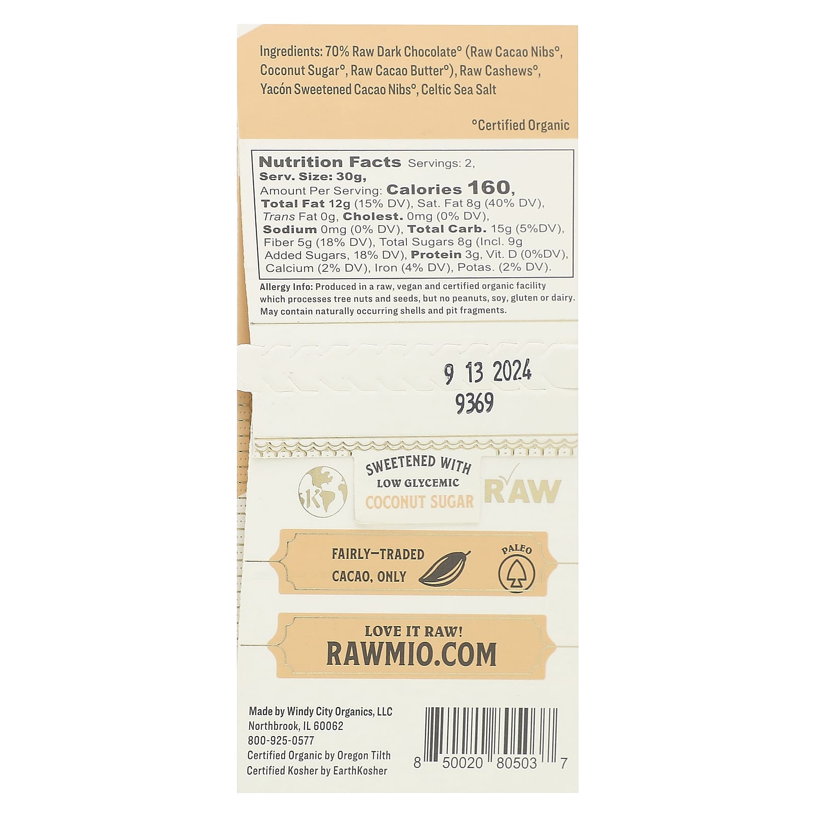 Rawmio, Stone Ground Raw Chocolate, Coconut Caramel & Cashew, 2.12 oz (60 g) - Image 2