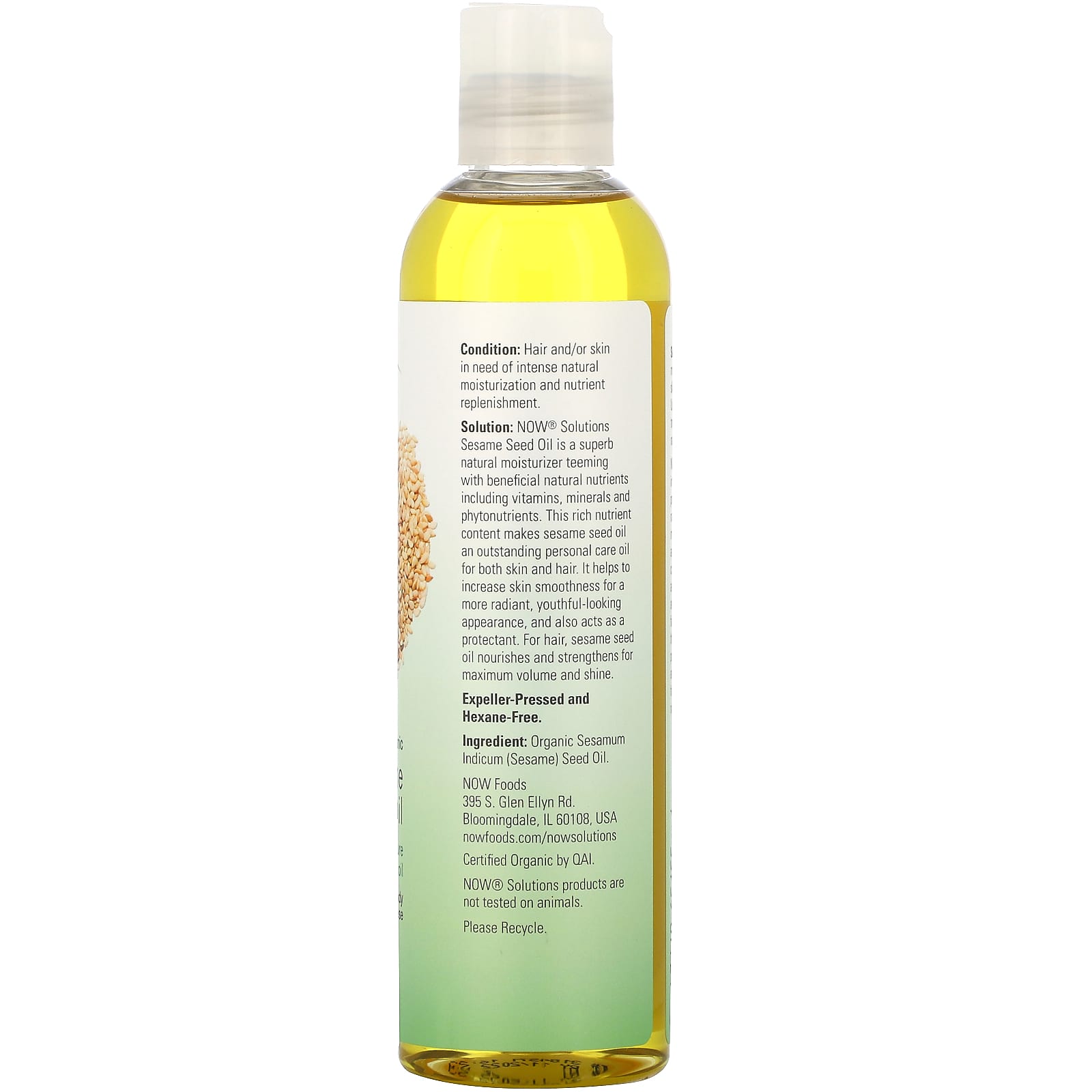 NOW Foods, Solutions, Sesame Seed Oil, Certified Organic, 8 fl oz (237 ml) - Image 2