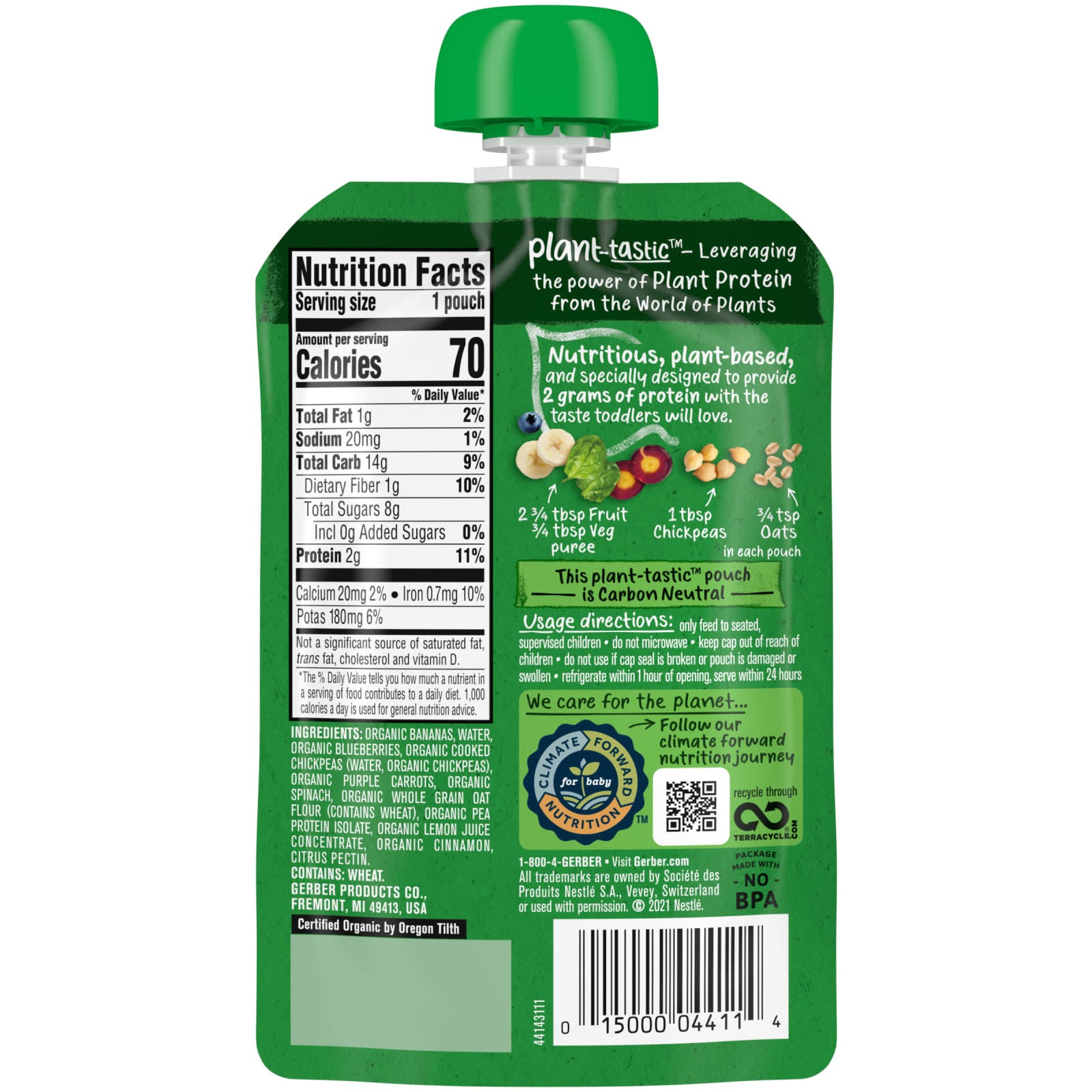 Gerber Organic Toddler Food, Plant-Tastic, Banana Berry & Veggie Smash with Oats, 3.5 oz - Image 2