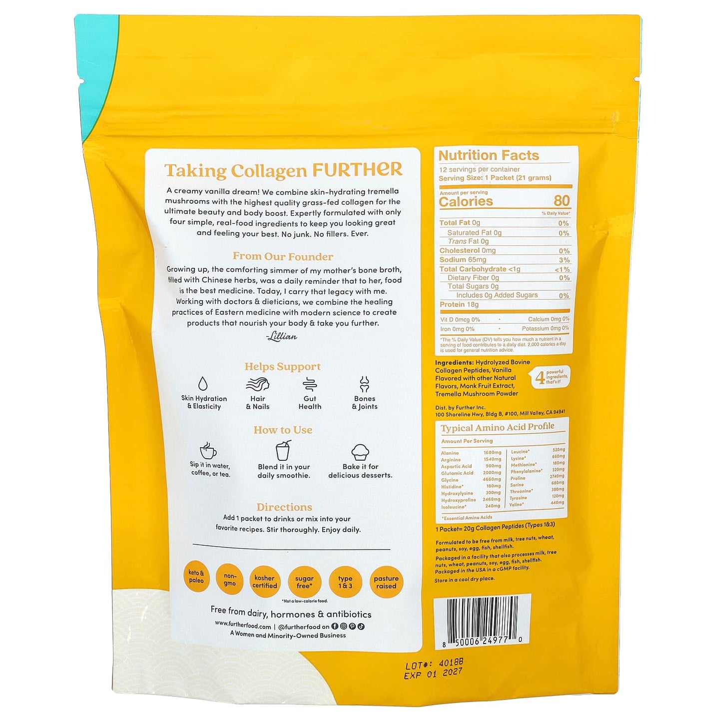 Grass-Fed Collagen Peptides, Vanilla, 12 Packets, Further Food - Image 2