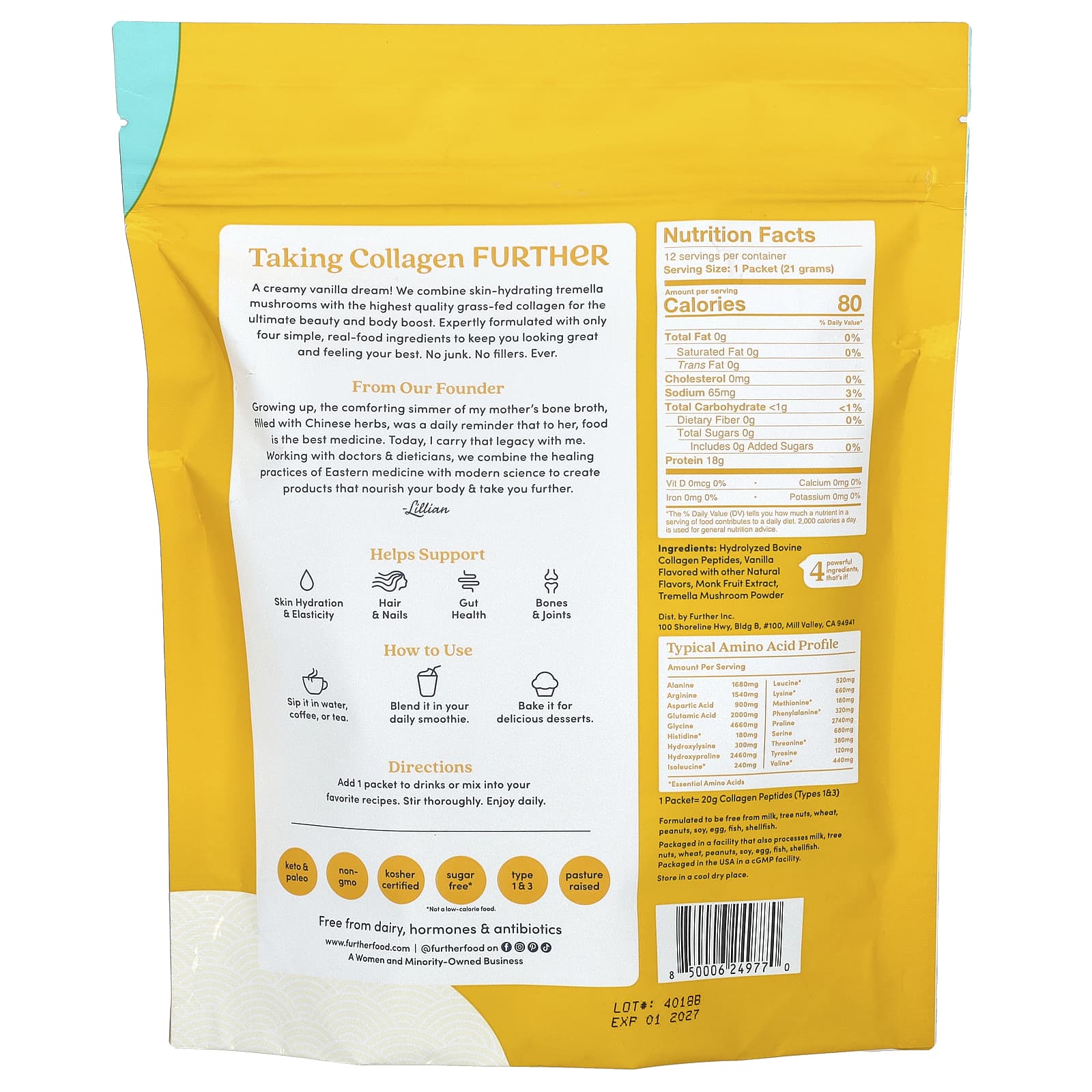 Grass-Fed Collagen Peptides, Vanilla, 12 Packets, Further Food - Image 2