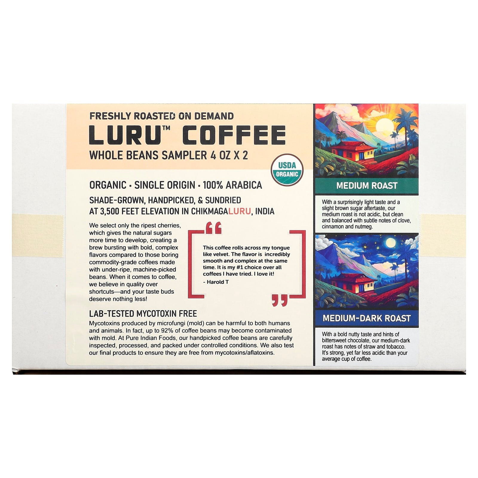 Pure Indian Foods, Luru™ Coffee, Whole Beans Sampler , 2 Packs, 4 oz (113 g) Each - Image 1