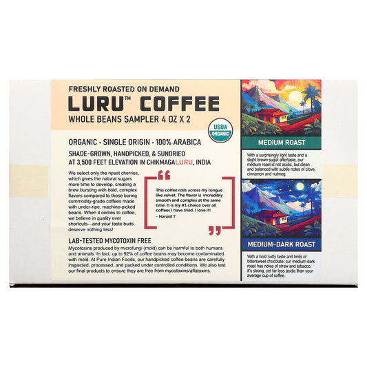 Pure Indian Foods, Luru™ Coffee, Whole Beans Sampler , 2 Packs, 4 oz (113 g) Each - Image 1