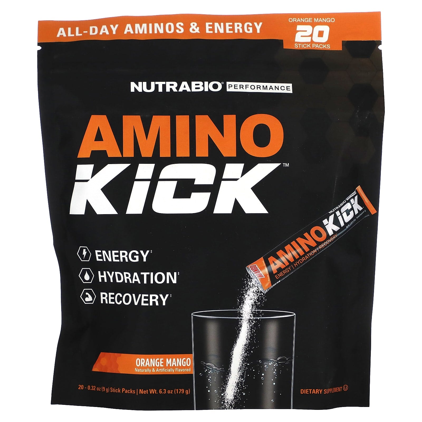 NutraBio, Amino Kick, Orange Mango, 20 Stick Packs, 0.32 oz (9 g) Each - Image 1