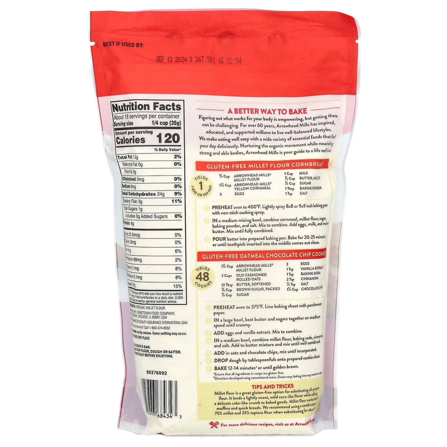 Organic Gluten-Free Millet Flour by Arrowhead Mills, 23 oz - Image 2