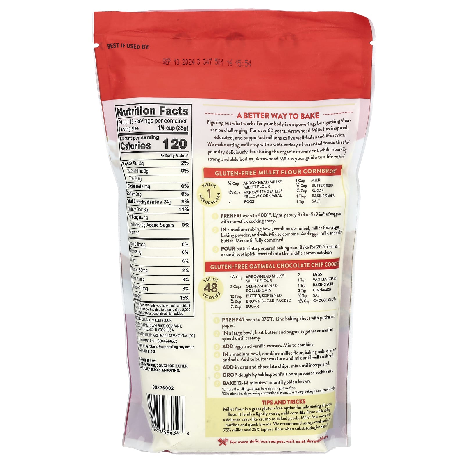 Organic Gluten-Free Millet Flour by Arrowhead Mills, 23 oz - Image 2